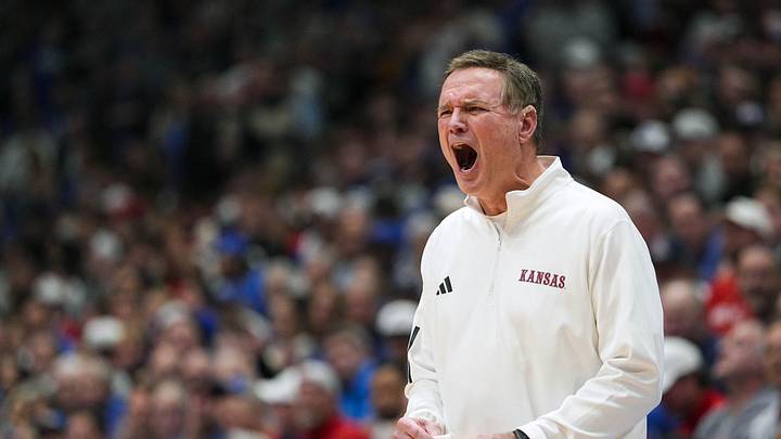 Feb 9, 2026; Lawrence, Kansas, USA; Kansas Jayhawks head coach Bill Self reacts during the first half against the Arizona Wildcats at Allen Fieldhouse. Mandatory Credit: Jay Biggerstaff-Imagn Images