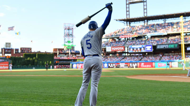 Jul 10, 2024; Philadelphia, Pennsylvania, USA;  Los Angeles Dodgers first baseman Freddie Freeman (5) on deck against the Philadelphia Phillies at Citizens Bank Park. Mandatory Credit: Eric Hartline-USA TODAY Sports