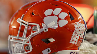 The logo of the Clemson Tigers is seen on a football helmet
