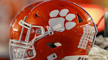 The logo of the Clemson Tigers is seen on a football helmet