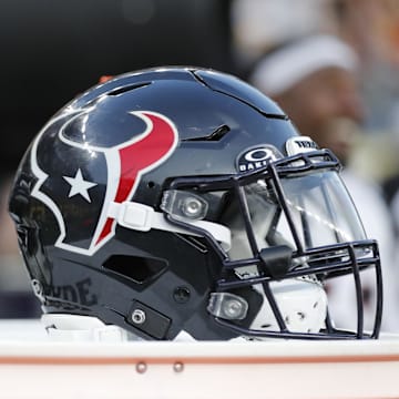 Aug 9, 2024; Pittsburgh, Pennsylvania, USA;  Houston Texans helmets sit on an equipment trunk during the second quarter against the Pittsburgh Steelers at Acrisure Stadium. Mandatory Credit: Charles LeClaire-Imagn Images