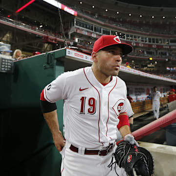 Cincinnati Reds first baseman Joey Votto (19) takes the field for the top of the eighth inning of the MLB National League game between the Cincinnati Reds and the San Diego Padres at Great American Ball Park in downtown Cincinnati on Thursday, July 1, 2021. 