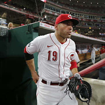 Cincinnati Reds first baseman Joey Votto (19) takes the field for the top of the eighth inning of the MLB National League game between the Cincinnati Reds and the San Diego Padres at Great American Ball Park in downtown Cincinnati on Thursday, July 1, 2021. The Reds won 5-4 on a walk-off single, with the bases loaded, off the bat of Tyler Stephenson.