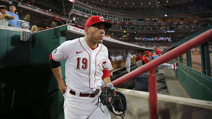 Cincinnati Reds first baseman Joey Votto (19) takes the field for the top of the eighth inning of the MLB National League game between the Cincinnati Reds and the San Diego Padres at Great American Ball Park in downtown Cincinnati on Thursday, July 1, 2021. The Reds won 5-4 on a walk-off single, with the bases loaded, off the bat of Tyler Stephenson.