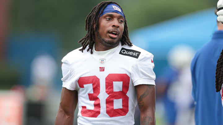 Jul 24, 2024; East Rutherford, NJ, USA; New York Giants cornerback Kaleb Hayes (38) during training camp at Quest Diagnostics Training Facility. Mandatory Credit: Vincent Carchietta-USA TODAY Sports