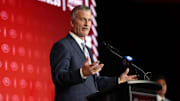 Jul 22, 2025; Charlotte, NC, USA; Stanford head coach Frank Reich answers questions from the media during ACC Media Days at Hilton Charlotte Uptown. Mandatory Credit: Jim Dedmon-Imagn Images