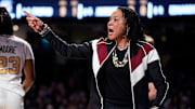 South Carolina head coach Dawn Staley works with her team against the Vanderbilt during the second quarter at Memorial Gym in Nashville, Tenn., Sunday, Feb. 23, 2025.