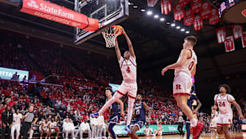 Nov 15, 2024; Piscataway, New Jersey, USA; Rutgers Scarlet Knights guard Ace Bailey (4) dunks the ball during the second half against the Monmouth Hawks at Jersey Mike's Arena. Mandatory Credit: Vincent Carchietta-Imagn Images