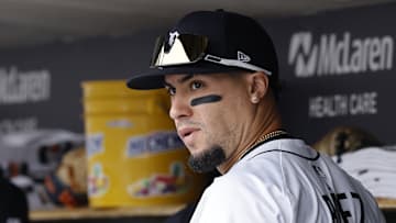 Jun 8, 2025; Detroit, Michigan, USA;  Detroit Tigers outfielder Javier Baez (28) in the dugout in the first inning against the Chicago Cubs at Comerica Park. Mandatory Credit: Rick Osentoski-Imagn Images