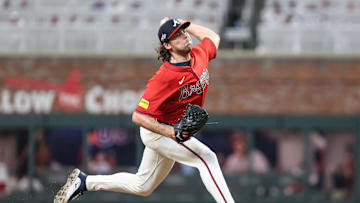 Jun 13, 2025; Cumberland, Georgia, USA; Atlanta Braves pitcher Dylan Dodd (46) pitches the ball against the Colorado Rockies during the sixth inning at Truist Park. Mandatory Credit: Jordan Godfree-Imagn Images