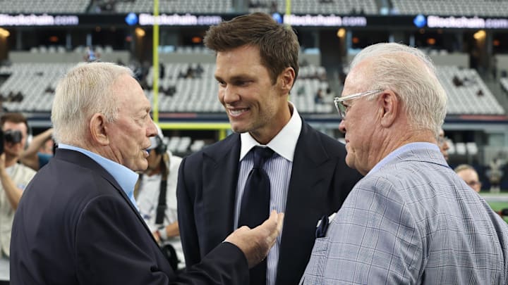 Dallas Cowboys owner Jerry Jones, Fox Sports' Tom Brady, and CEO Stephen Jones on the field before a game against the New Orleans Saints  Dallas Cowboys owner Jerry Jones, Fox Sports' Tom Brady, and CEO Stephen Jones on the field before a game against the New Orleans Saints