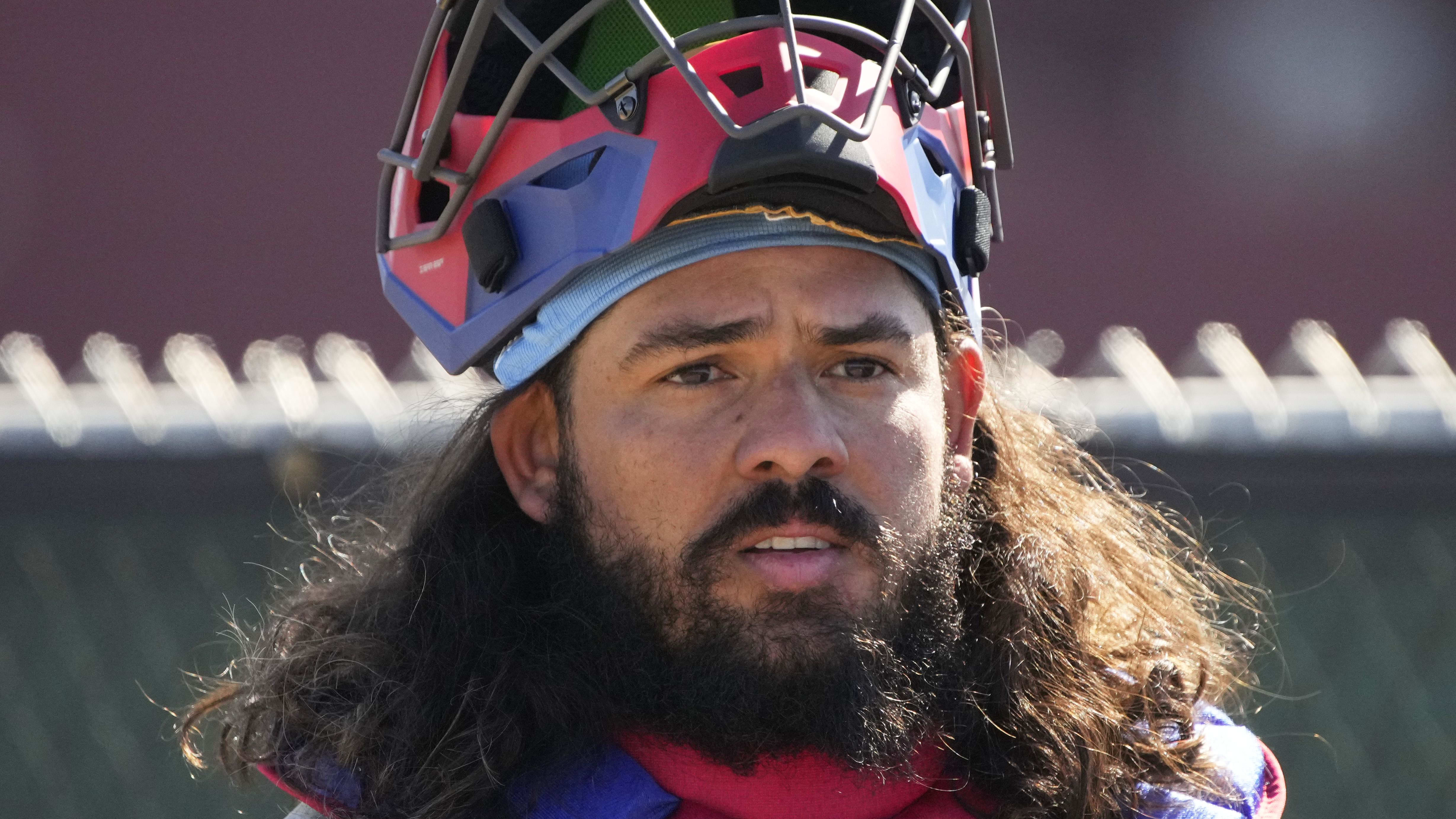 Feb 16, 2024; Mesa, AZ, USA; Chicago Cubs catcher Jorge Alfaro works out in the bullpen during