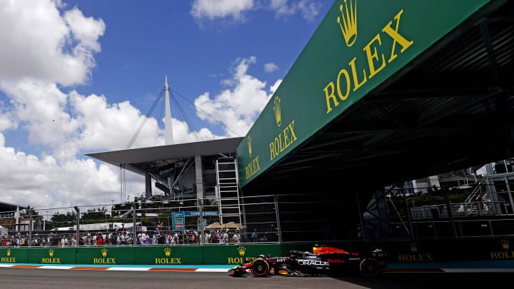 May 4, 2024; Miami Gardens, Florida, USA; Red Bull Racing driver Sergio Perez (11) during the F1 Sprint Race at Miami International Autodrome. Mandatory Credit: Peter Casey-USA TODAY Sports