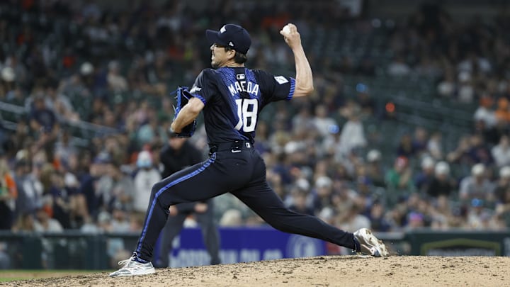 Apr 18, 2025; Detroit, Michigan, USA; Detroit Tigers pitcher Kenta Maeda (18) throws during the ninth inning against the Kansas City Royals at Comerica Park. Apr 18, 2025; Detroit, Michigan, USA; Detroit Tigers pitcher Kenta Maeda (18) throws during the ninth inning against the Kansas City Royals at Comerica Park.