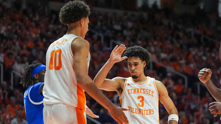 Tennessee guard Bishop Boswell (3) high-fives Tennessee forward Nate Ament (10) during a NCAA basketball game between the Tennessee Volunteers and Kentucky Wildcats at Thompson-Boling Arena at Food City Center in Knoxville, Tenn., on Jan. 17, 2026.