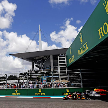 May 4, 2024; Miami Gardens, Florida, USA; Red Bull Racing driver Sergio Perez (11) during the F1 Sprint Race at Miami International Autodrome. Mandatory Credit: Peter Casey-Imagn Images