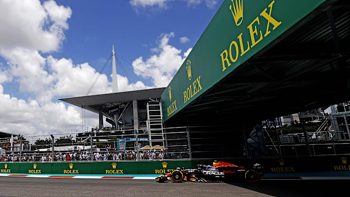 May 4, 2024; Miami Gardens, Florida, USA; Red Bull Racing driver Sergio Perez (11) during the F1 Sprint Race at Miami International Autodrome. Mandatory Credit: Peter Casey-Imagn Images