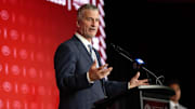 Jul 22, 2025; Charlotte, NC, USA; Stanford head coach Frank Reich answers questions from the media during ACC Media Days at Hilton Charlotte Uptown. Mandatory Credit: Jim Dedmon-Imagn Images