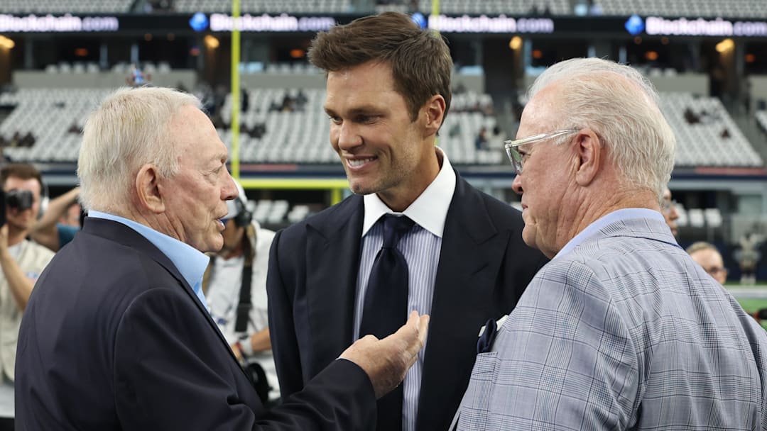 Dallas Cowboys owner Jerry Jones, Fox Sports commentator Tom Brady and Cowboys CEO Stephen Jones. Dallas Cowboys owner Jerry Jones, Fox Sports commentator Tom Brady and Cowboys CEO Stephen Jones.