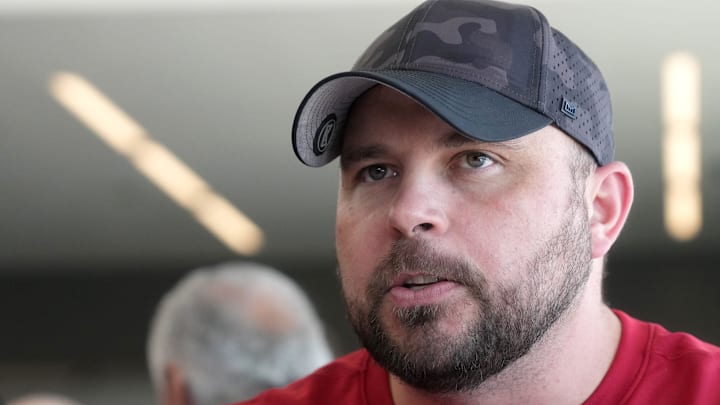 Dallas Cowboys offensive coordinator Klayton Adams speaks with the media during his time with the Arizona Cardinals.