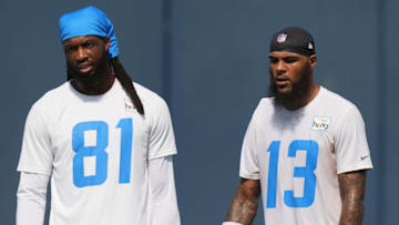 Jun 15, 2021; Costa Mesa, CA, USA; Los Angeles Chargers receivers Mike Williams (81) and  Keenan Allen (13) during minicamp at the Hoag Performance Center. Mandatory Credit: Kirby Lee-Imagn Images