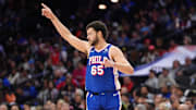 Mar 9, 2025; Philadelphia, Pennsylvania, USA; Philadelphia 76ers forward Alex Reese (65) reacts against the Utah Jazz in the fourth quarter at Wells Fargo Center. Mandatory Credit: Kyle Ross-Imagn Images