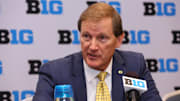 Oct 3, 2024; Rosemont, IL, USA; Oregon head coach Dana Altman takes a question at the podium during the 2024 Big Ten Menís Basketball media day at Donald E. Stephens Convention Center. Mandatory Credit: Melissa Tamez-Imagn Images