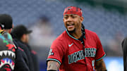 Apr 4, 2025; Washington, District of Columbia, USA; Arizona Diamondbacks second base Ketel Marte (4) warms up prior to a game against the Washington Nationals at Nationals Park. Mandatory Credit: Reggie Hildred-Imagn Images