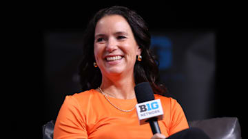 Oct 2, 2024; Rosemont, IL, USA; Illinois head coach Shauna Green during the 2024 Big Ten Womenís Basketball media day at Donald E. Stephens Convention Center. Mandatory Credit: Melissa Tamez-Imagn Images