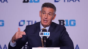 Oct 2, 2024; Rosemont, IL, USA; Big Ten commissioner Tony Petitti speaks with the media during the 2024 Big Ten Womenís Basketball media day at Donald E. Stephens Convention Center. Mandatory Credit: Melissa Tamez-Imagn Images