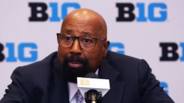 Oct 3, 2024; Rosemont, IL, USA; Indiana head coach Mike Woodson takes a question at the podium during the 2024 Big Ten Menís Basketball media day at Donald E. Stephens Convention Center. Mandatory Credit: Melissa Tamez-Imagn Images