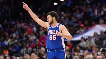 Mar 9, 2025; Philadelphia, Pennsylvania, USA; Philadelphia 76ers forward Alex Reese (65) reacts against the Utah Jazz in the fourth quarter at Wells Fargo Center. Mandatory Credit: Kyle Ross-Imagn Images