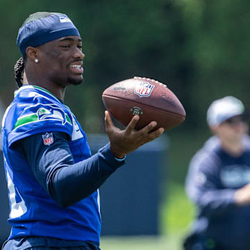 Jun 11, 2025; Renton, WA, USA; Seattle Seahawks quarterback Jalen Milroe (6) is pictured during mini-camp at Virginia Mason Athletic Center. Mandatory Credit: Stephen Brashear-Imagn Images