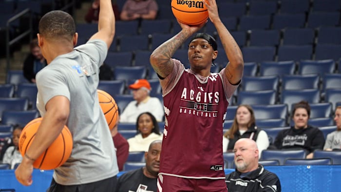 Mar 21, 2024; Memphis, TN, USA; Texas A&M Aggies guard Wade Taylor IV (4) shoots during practice