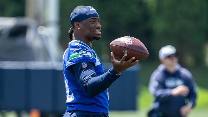 Jun 11, 2025; Renton, WA, USA; Seattle Seahawks quarterback Jalen Milroe (6) is pictured during mini-camp at Virginia Mason Athletic Center. Mandatory Credit: Stephen Brashear-Imagn Images