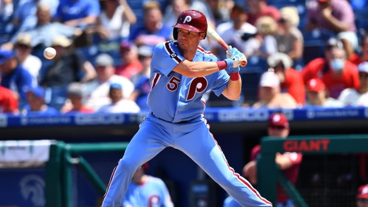 Aug 12, 2021; Philadelphia, Pennsylvania, USA; Philadelphia Phillies catcher Andrew Knapp (5) bats in the third inning against the Los Angeles Dodgers at Citizens Bank Park. 