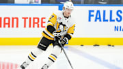 Apr 8, 2024; Toronto, Ontario, CAN; Pittsburgh Penguins defenseman John Ludvig (7) skates against the Toronto Maple Leafs during the warmup at Scotiabank Arena. Mandatory Credit: Nick Turchiaro-Imagn Images