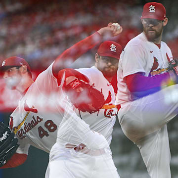 Sep 7, 2022; St. Louis, Missouri, USA;  (Editors note: in camera multiple exposure) St. Louis Cardinals starting pitcher Jordan Montgomery (48) pitches against the Washington Nationals during the second inning at Busch Stadium. Mandatory Credit: Jeff Curry-Imagn Images
