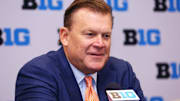 Oct 3, 2024; Rosemont, IL, USA; Illinois head coach Brad Underwood takes a question at the podium during the 2024 Big Ten Menís Basketball media day at Donald E. Stephens Convention Center. Mandatory Credit: Melissa Tamez-Imagn Images