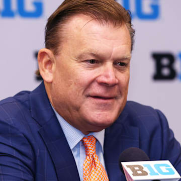 Oct 3, 2024; Rosemont, IL, USA; Illinois head coach Brad Underwood takes a question at the podium during the 2024 Big Ten Menís Basketball media day at Donald E. Stephens Convention Center. Mandatory Credit: Melissa Tamez-Imagn Images