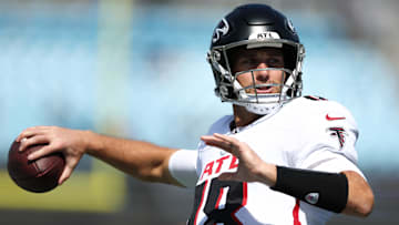 Sep 21, 2025; Charlotte, North Carolina, USA; Atlanta Falcons quarterback Kirk Cousins (18) warms up before a game between Carolina Panthers and the Atlanta Falcons at Bank of America Stadium. Mandatory Credit: Cory Knowlton-Imagn Images