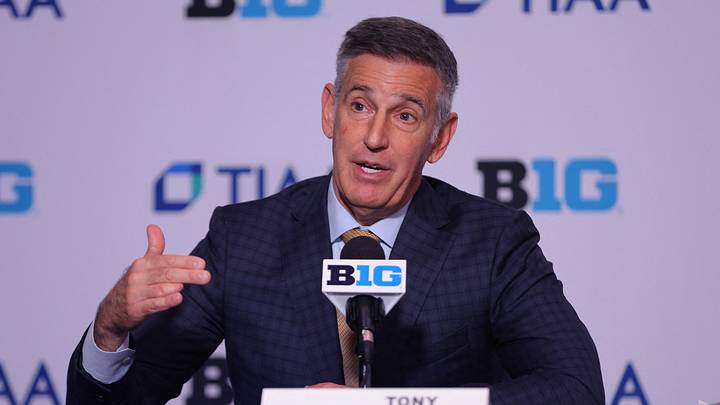 Oct 2, 2024; Rosemont, IL, USA; Big Ten commissioner Tony Petitti speaks with the media during the 2024 Big Ten Women’s Basketball media day at Donald E. Stephens Convention Center. Mandatory Credit: Melissa Tamez-Imagn Images