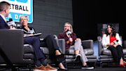 Oct 2, 2024; Rosemont, IL, USA; Iowa head coach Jen Jensen, left, Minnesota head coach Dawn Plitzuweit, middle, Nebraska head coach Amy Williams, right, speak with Mike Hall during the 2024 Big Ten Womenís Basketball media day at Donald E. Stephens Convention Center.
