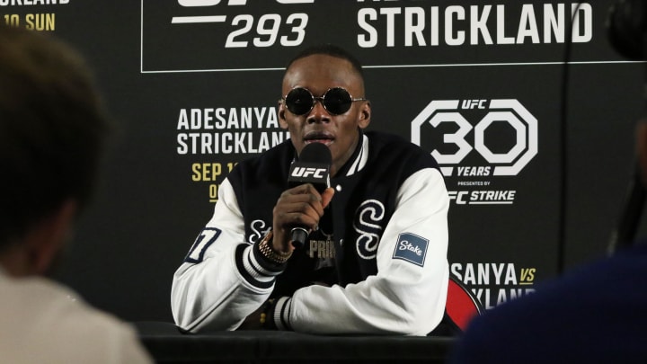 Sep 9, 2023; Sydney, NSW, AUSTRALIA; Israel Adesanya talks to the media after losing to Sean Strickland (not pictured) during UFC 293 at Qudos Bank Arena.