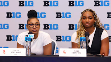 Oct 2, 2024; Rosemont, IL, USA; USC guard JuJu Watkins and USC forward Kiki Iriafen take a question at the podium during the 2024 Big Ten Womenís Basketball media day at Donald E. Stephens Convention Center. Mandatory Credit: Melissa Tamez-Imagn Images