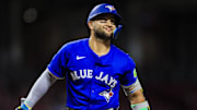 Sep 2, 2025; Cincinnati, Ohio, USA; Toronto Blue Jays shortstop Bo Bichette (11) reacts after a play in the seventh inning against the Cincinnati Reds at Great American Ball Park. Mandatory Credit: Katie Stratman-Imagn Images