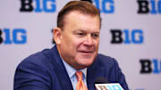 Oct 3, 2024; Rosemont, IL, USA; Illinois head coach Brad Underwood takes a question at the podium during the 2024 Big Ten Menís Basketball media day at Donald E. Stephens Convention Center. Mandatory Credit: Melissa Tamez-Imagn Images