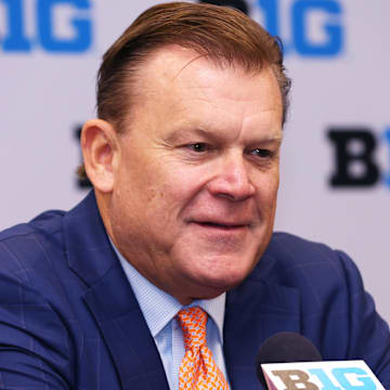 Oct 3, 2024; Rosemont, IL, USA; Illinois head coach Brad Underwood takes a question at the podium during the 2024 Big Ten Menís Basketball media day at Donald E. Stephens Convention Center. Mandatory Credit: Melissa Tamez-Imagn Images