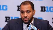 Oct 3, 2024; Rosemont, IL, USA; Minnesota head coach Ben Johnson takes a question at the podium during the 2024 Big Ten Menís Basketball media day at Donald E. Stephens Convention Center. Mandatory Credit: Melissa Tamez-Imagn Images