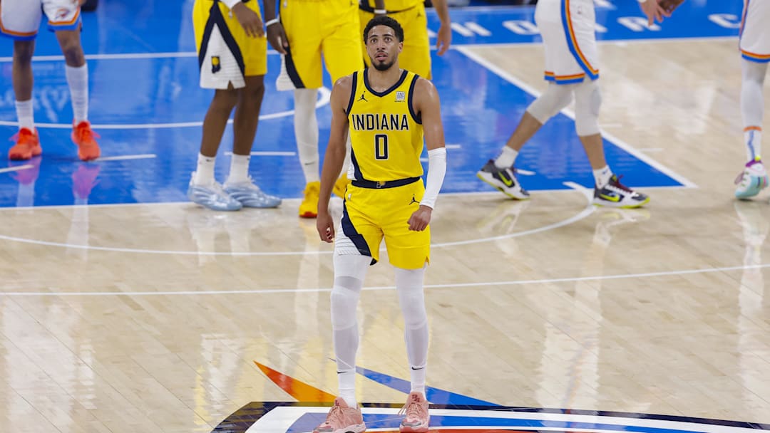 Jun 16, 2025; Oklahoma City, Oklahoma, USA; Indiana Pacers guard Tyrese Haliburton (0) walks back to the team bench in the first quarter against the Oklahoma City Thunder during game five of the 2025 NBA Finals at Paycom Center. Mandatory Credit: Alonzo Adams-Imagn Images